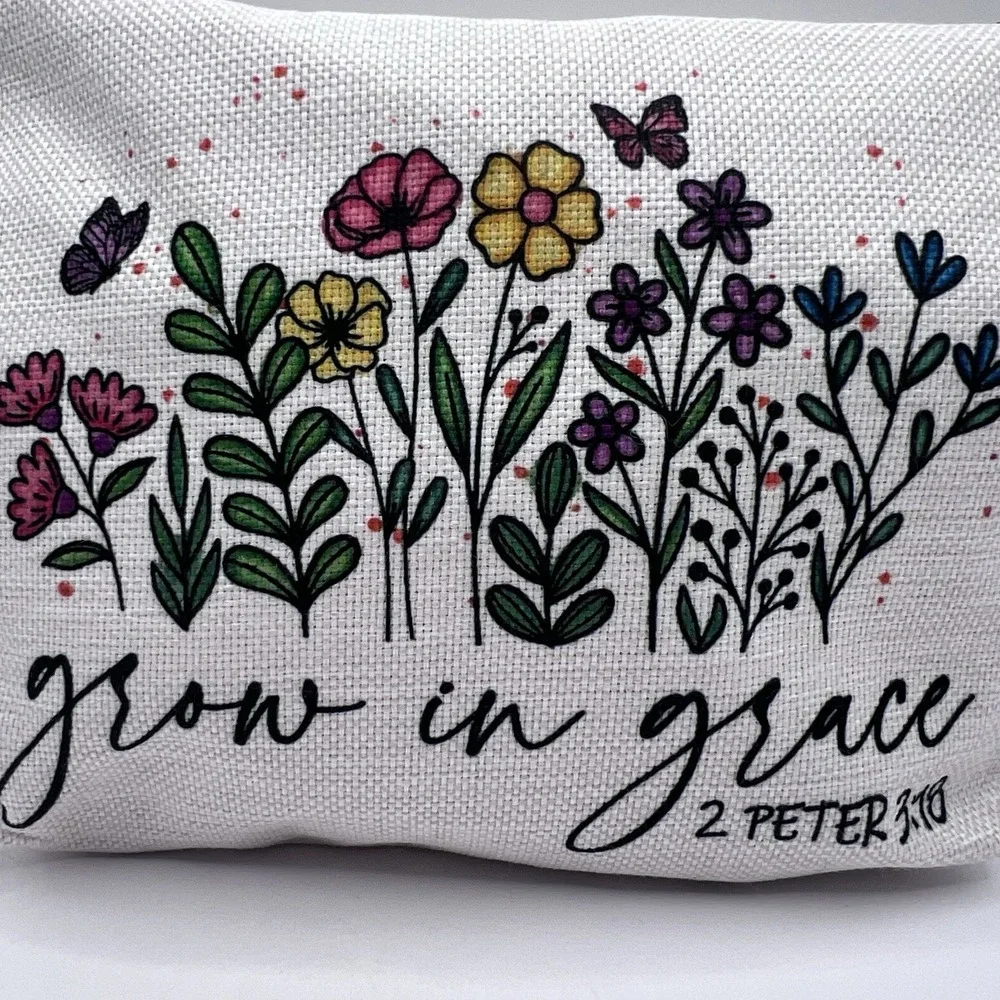 Makeup Bag Scripture 2 Peter 3:18 Grow in Grace Flower Pencil Pouch 9.5x7